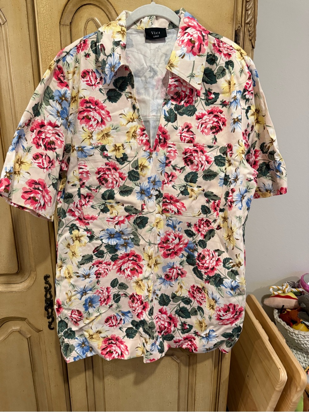 Vici Cream Floral v-Neck Dress with Pink, Blue & Yellow Blooms